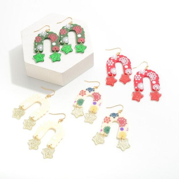 Acrylic Snowflake Garland Arch Drop Earrings with Glitter Star Dangle Green - Picture 3 of 3